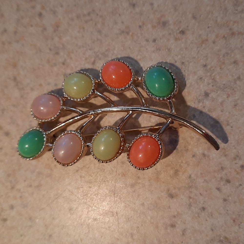 Sarah Coventry Colorful Cabochon Leaf Brooch - Green, Pink, Yellow, Coral
